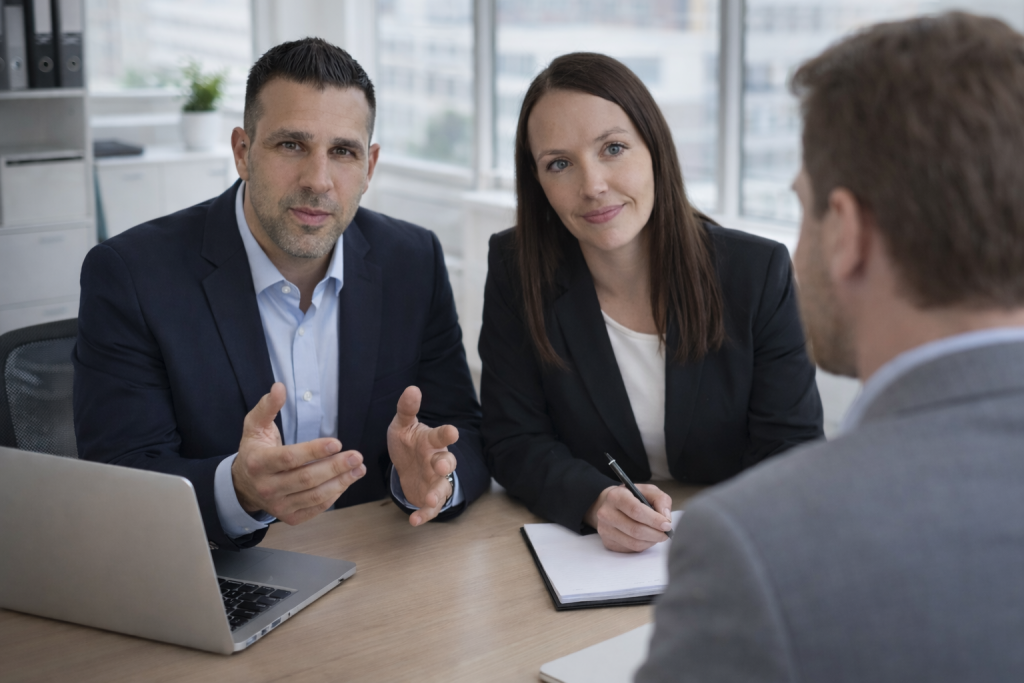 Beratungsgespräch im modernen Büro mit zwei Fachberatern und einem Kunden, persönliche Projektberatung und Planung für Unternehmen in der Region Trier, Konz und Luxemburg