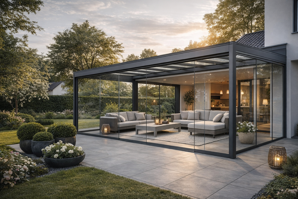 Modernes Terrassendach mit Glasdach und bodentiefen Schiebeelementen an einem Einfamilienhaus, hochwertige Terrassenüberdachung vom Fachhändler für Terrassendächer in Trier, Konz und Luxemburg