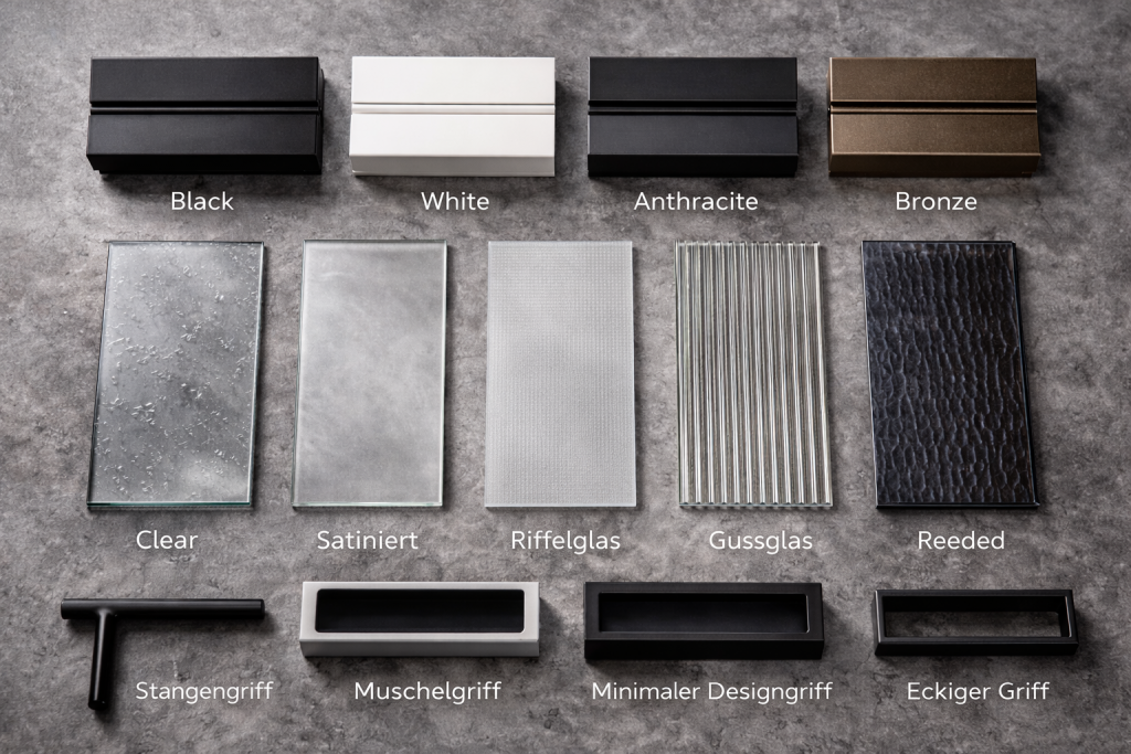 Material- und Designauswahl für Lofttüren mit Rahmenfarben, Glasarten und Griffvarianten – individuelle Lofttüren und Glaselemente für moderne Wohn- und Arbeitsräume in Trier, Konz und Luxemburg