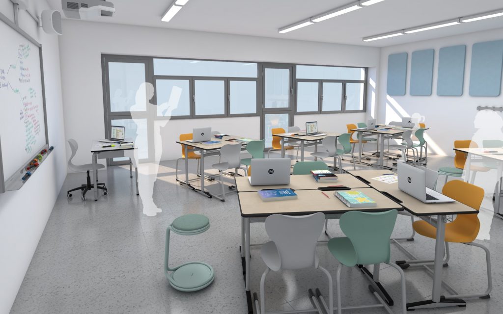 Moderne Schulmöbel in hellem Klassenzimmer mit flexiblen Tischen, ergonomischen Schülerstühlen und digitaler Ausstattung, zeitgemäße Lernumgebung für Schulen und Bildungseinrichtungen