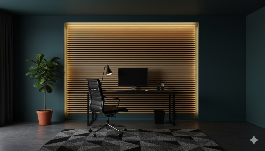 Modernes Homeoffice mit Schreibtisch, ergonomischem Bürostuhl und indirekter LED-Beleuchtung, minimalistisches Bürodesign mit Holzpaneel-Wand und Zimmerpflanze, zeitgemäße Arbeitsumgebung